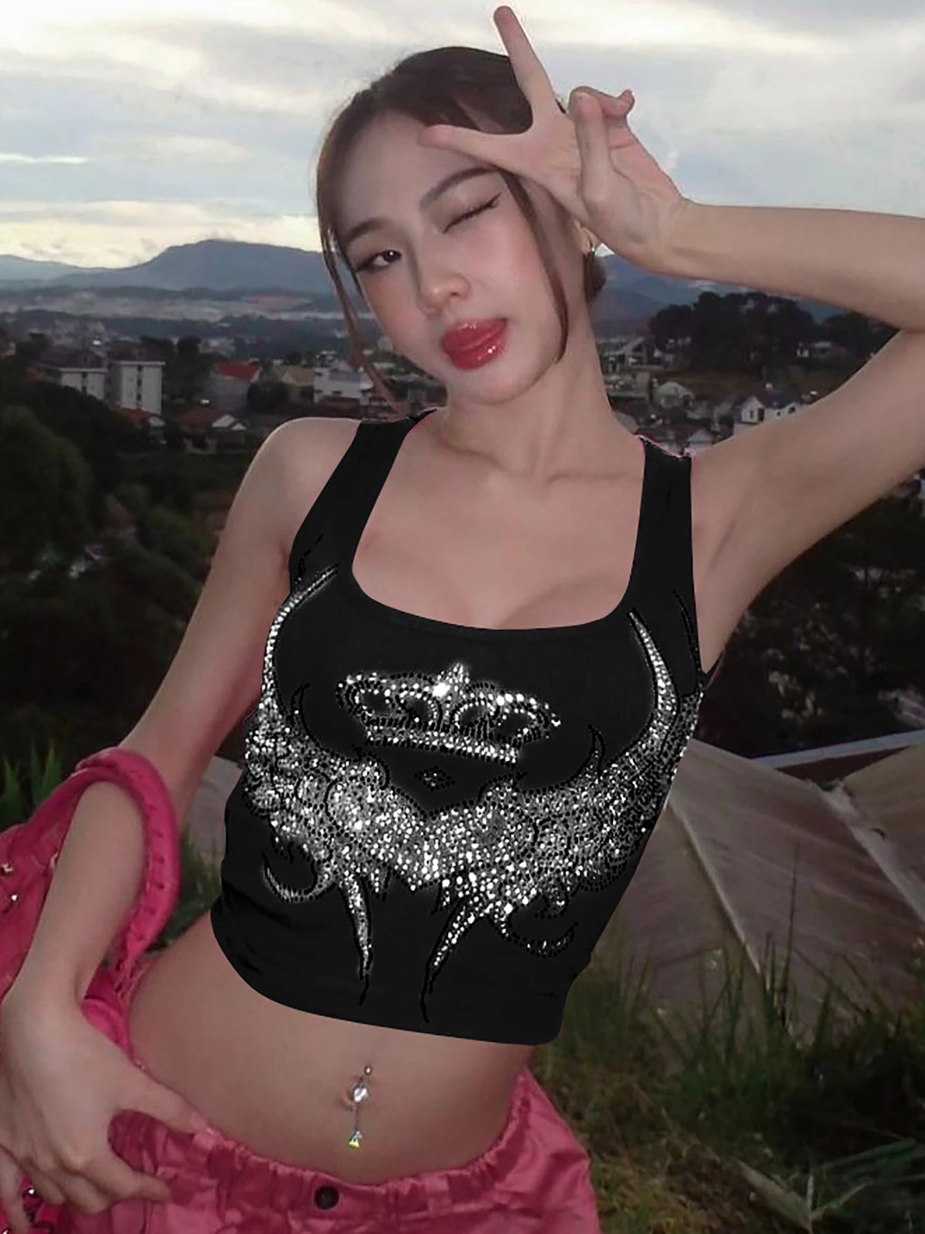 Y2K Geometric Crop Tank Top – Streetwear Party Cami for Women
