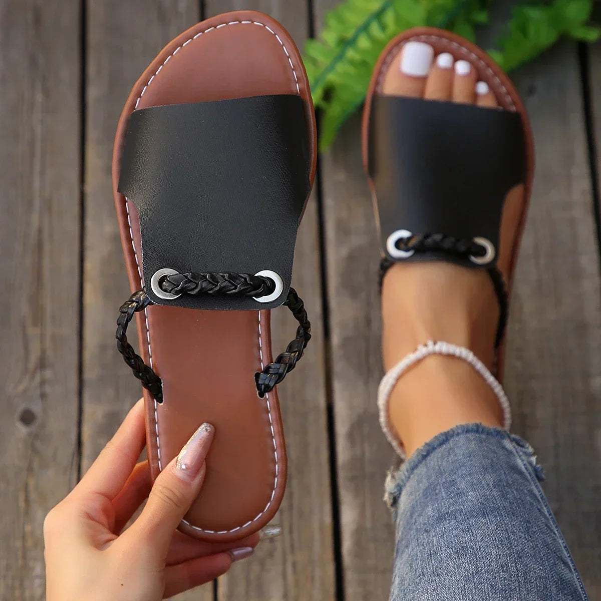 Women's Bohemian Flat Sandals – Casual PU Slides for Beach & Everyday Wear