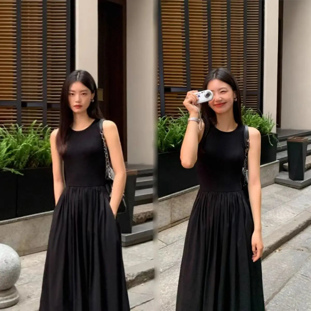 Women's Black Sleeveless A-Line Midi Dress with Pockets