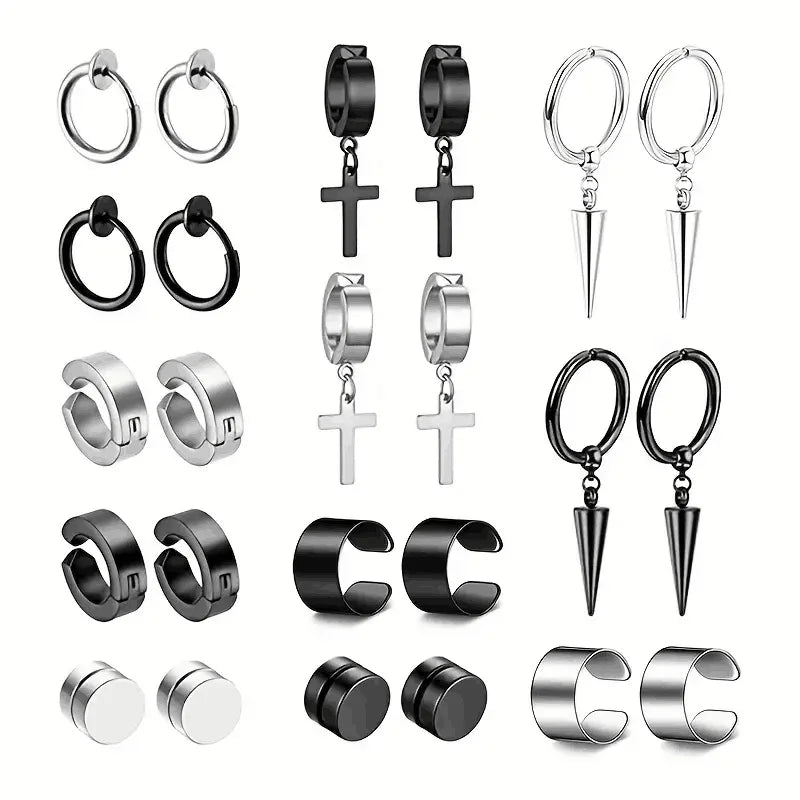 Punk Cross Magnetic Stainless Steel Stud Earrings – No Piercing Unisex