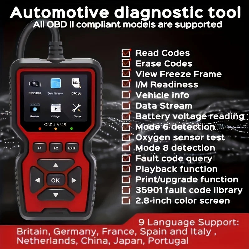 V519 OBD2 Car Diagnostic Scanner – USB Powered, Real-Time Data, Reads & Clears Engine Codes