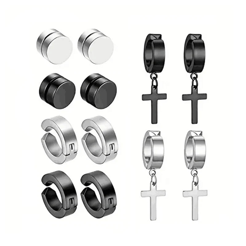 Punk Cross Magnetic Stainless Steel Stud Earrings – No Piercing Unisex