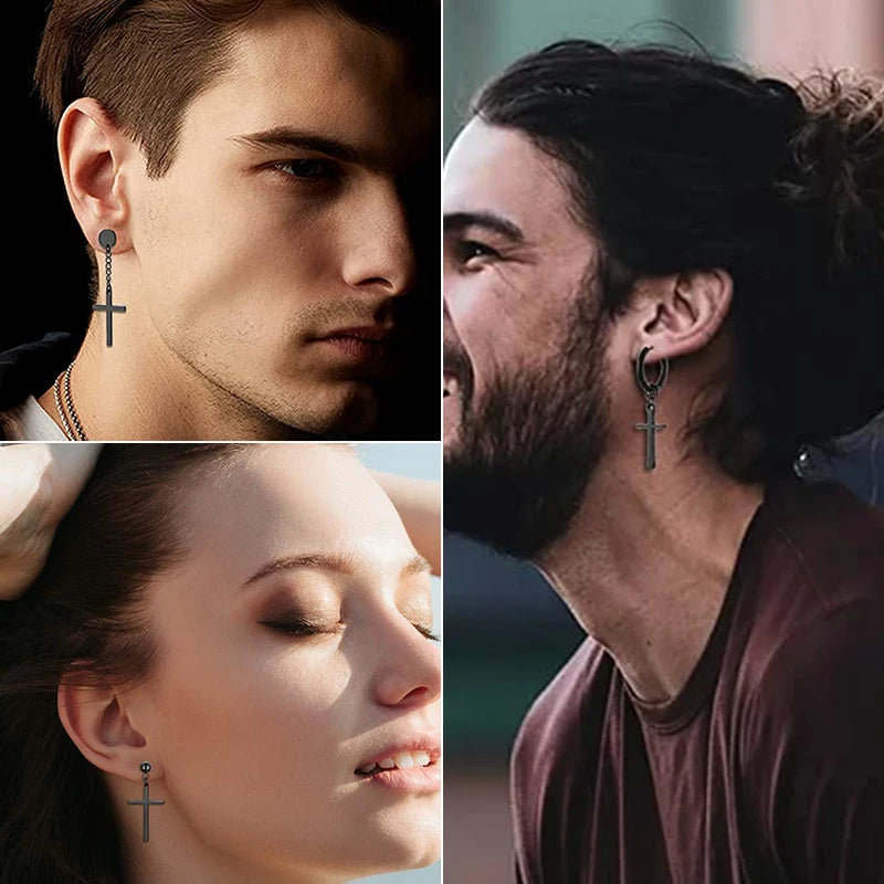 Pendientes de Aro y Botón de Acero Inoxidable Punk – Estilo Redondo y Cruzado Unisex