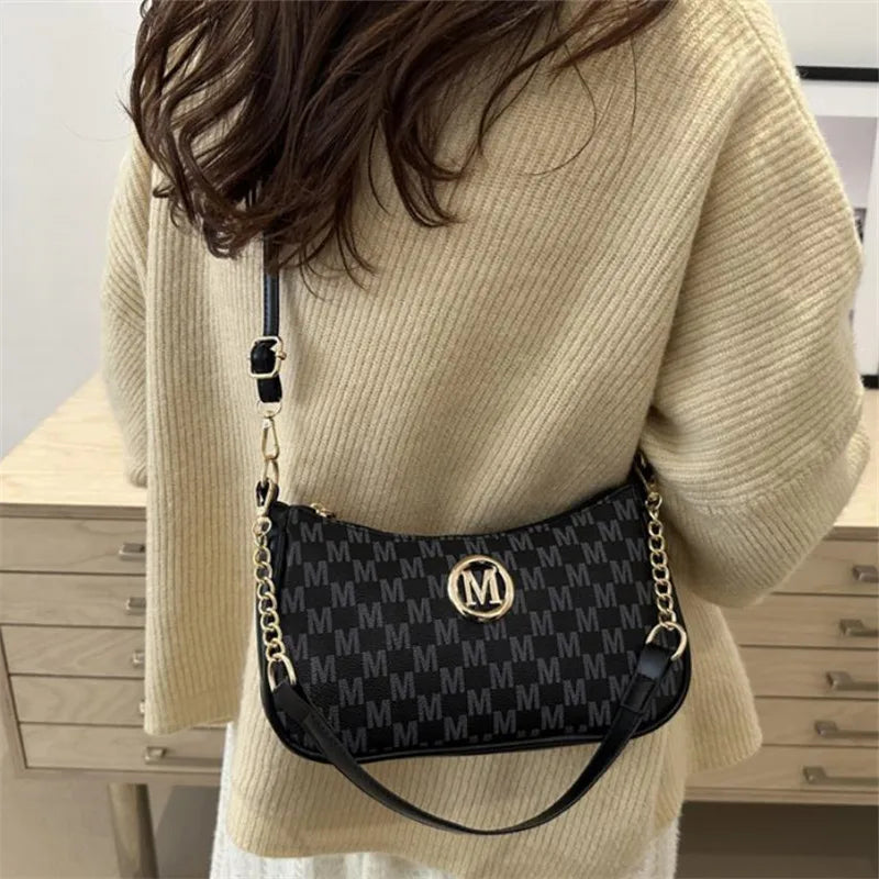Vintage Gold Letter 'M' PU Leather Crossbody Bag — Shoulder & Messenger Handbag