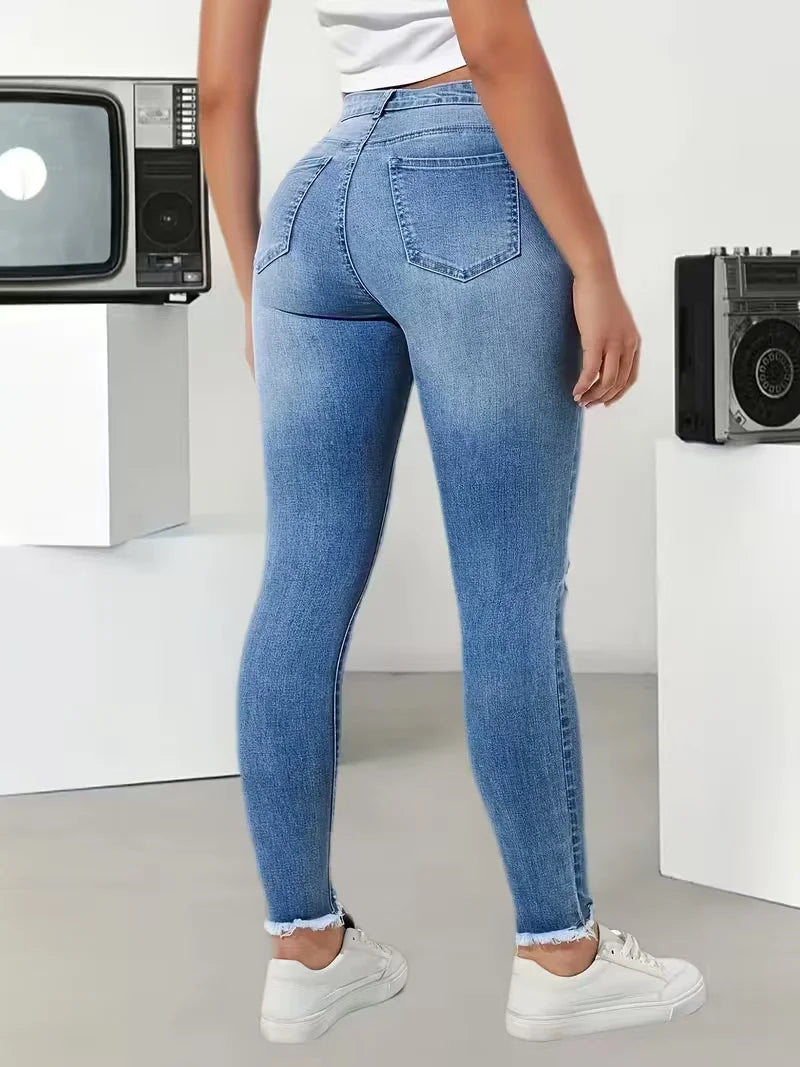 High-Waist Ripped Stretch Skinny Jeans