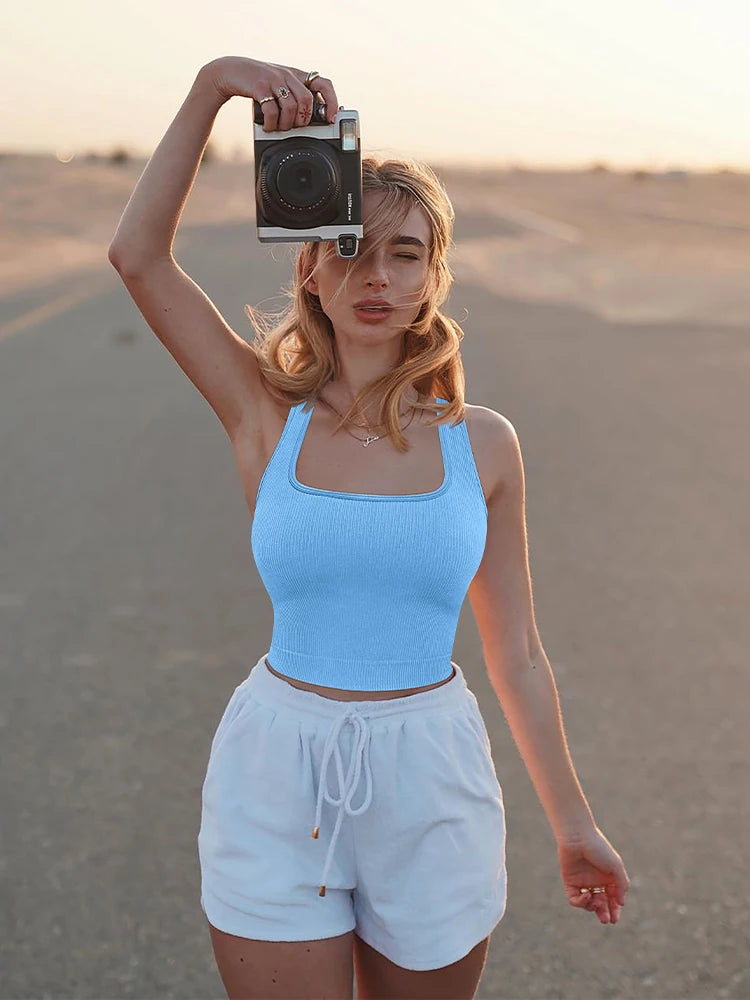 Camiseta sin mangas acanalada de cuello cuadrado para mujer | Camisola corta elástica sin mangas S-L