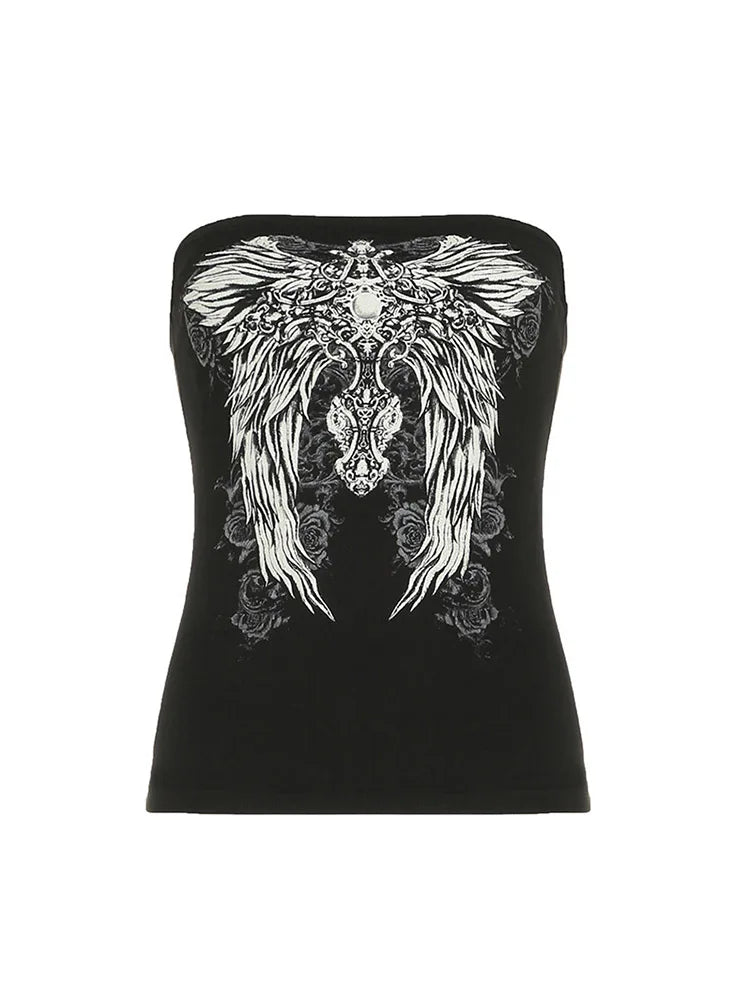 Top palabra de honor negro gótico para mujer, camiseta sin mangas, ajustada, corta, informal de verano, elegante, con estampado gráfico, estilo Y2K, chaleco básico de estilo urbano