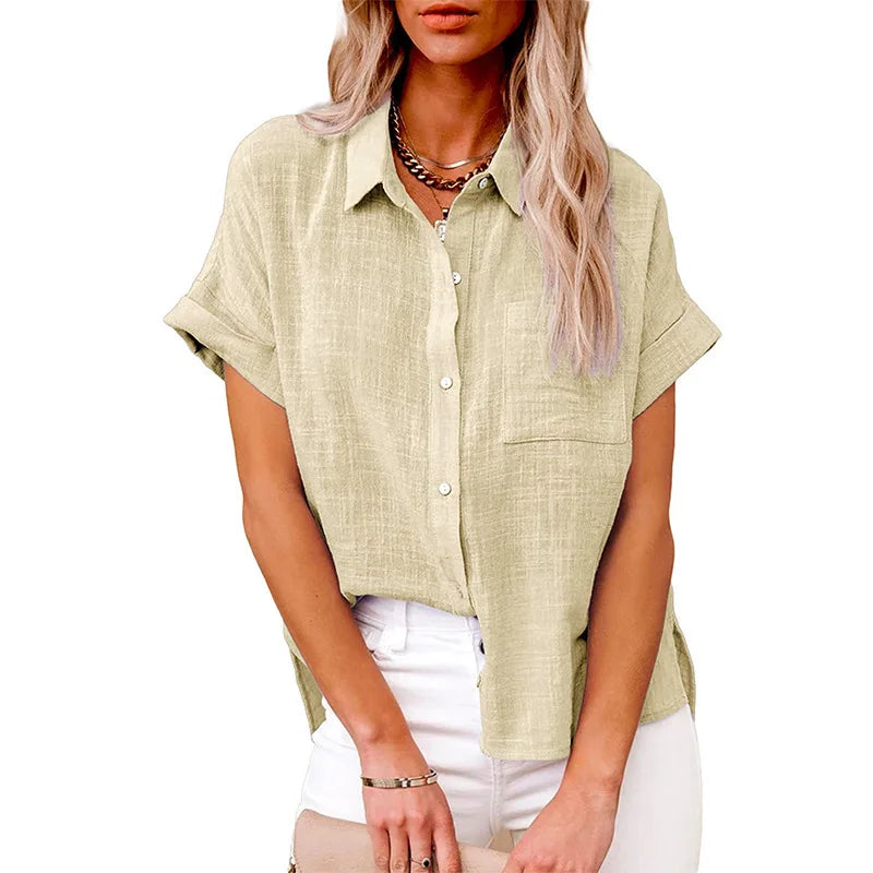 Women's Linen Pocket Blouse - Short Sleeve Loose Fit (S-5XL)
