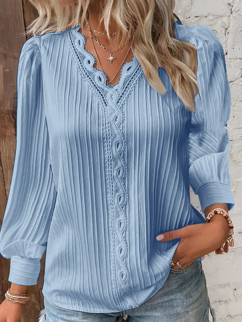 Women's Lace Patchwork Blouse - V-Neck Long Sleeve (S-XXL)