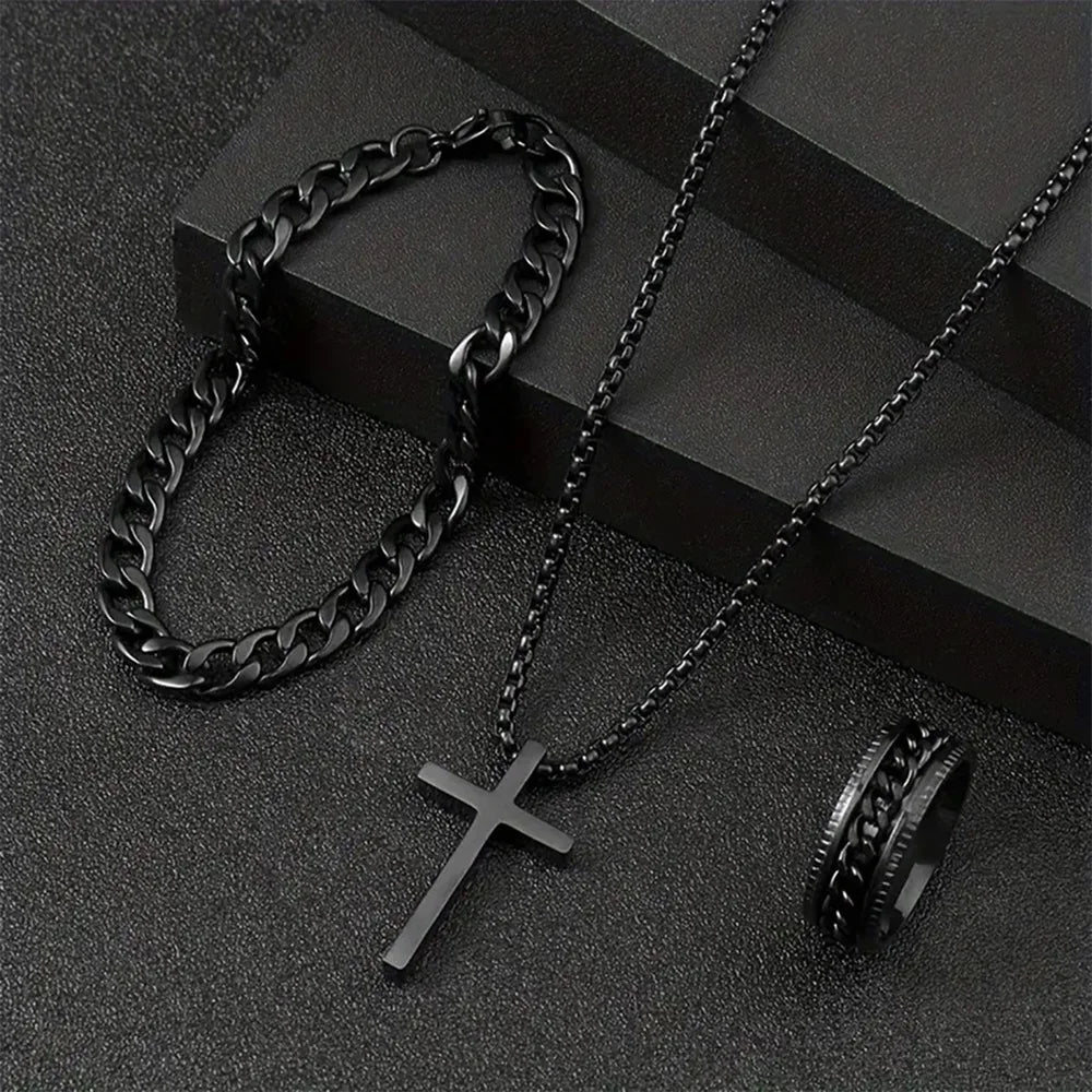 Set de collar, pulsera y anillo con cruz estilo punk | Joyería hip hop de 3 piezas