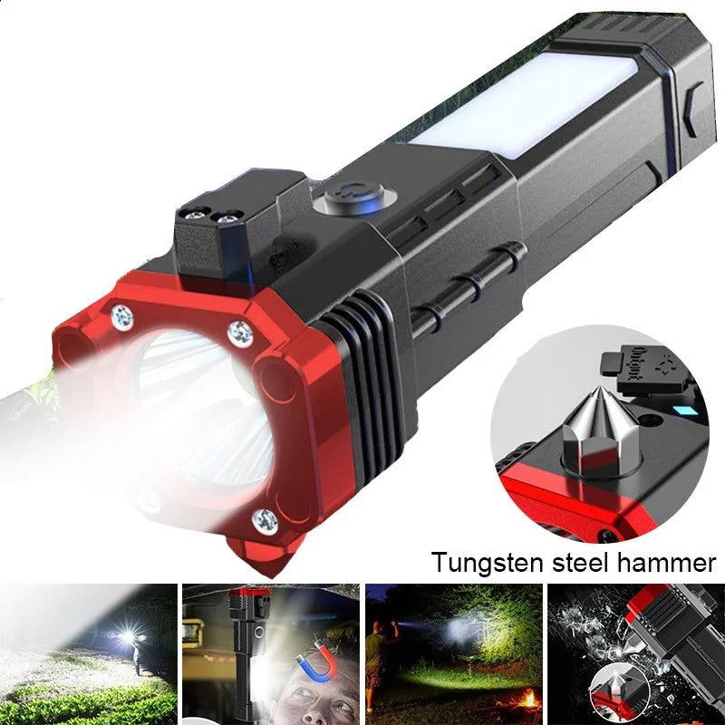 4-in-1 Car Safety Hammer – Window Breaker, Seatbelt Cutter, COB Flashlight & Magnetic Base