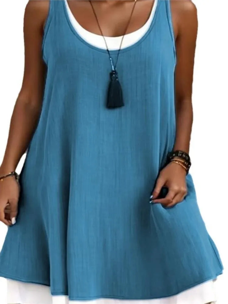 Women's Sleeveless Fake Two-Piece Loose A-Line Dress