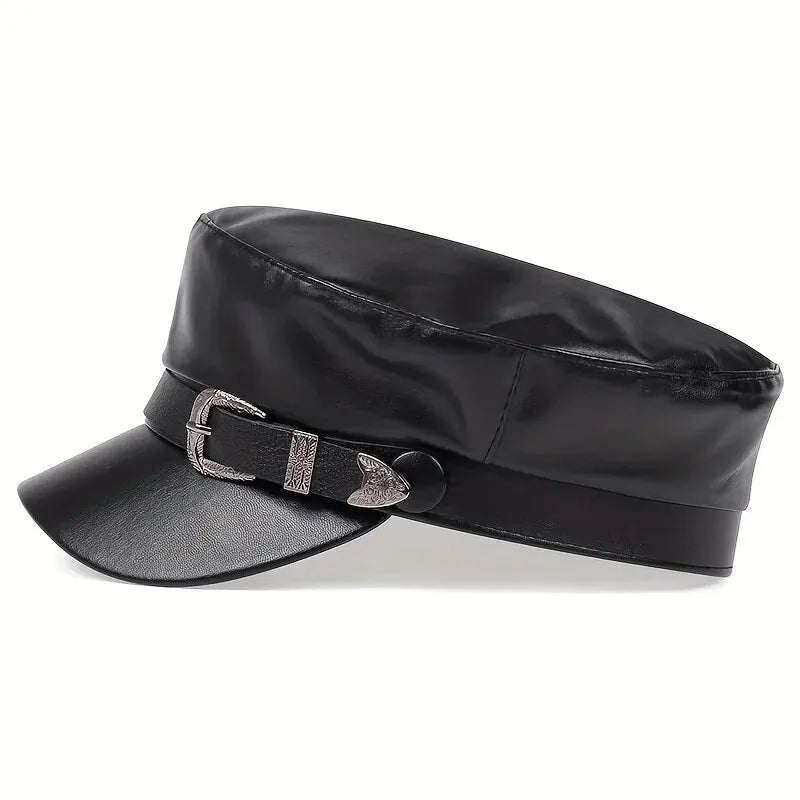Moda Mujer Hebilla de cinturón grande Sombrero de cuero Primavera Otoño Sombreros de marinero Gorras de boina negras para mujer Gorras militares de capitán con parte superior plana para hombre