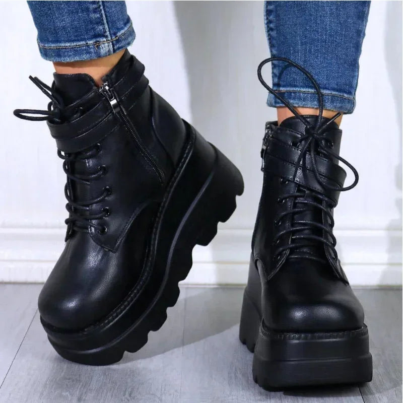 Women's Gothic Platform Ankle Boots – Chunky Wedge, Lace-Up