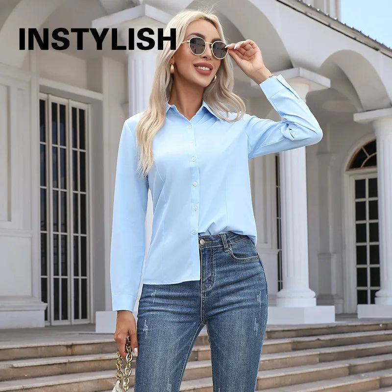 Women's Button Chiffon Blouse - Turn-Down Collar (S-XXXL)