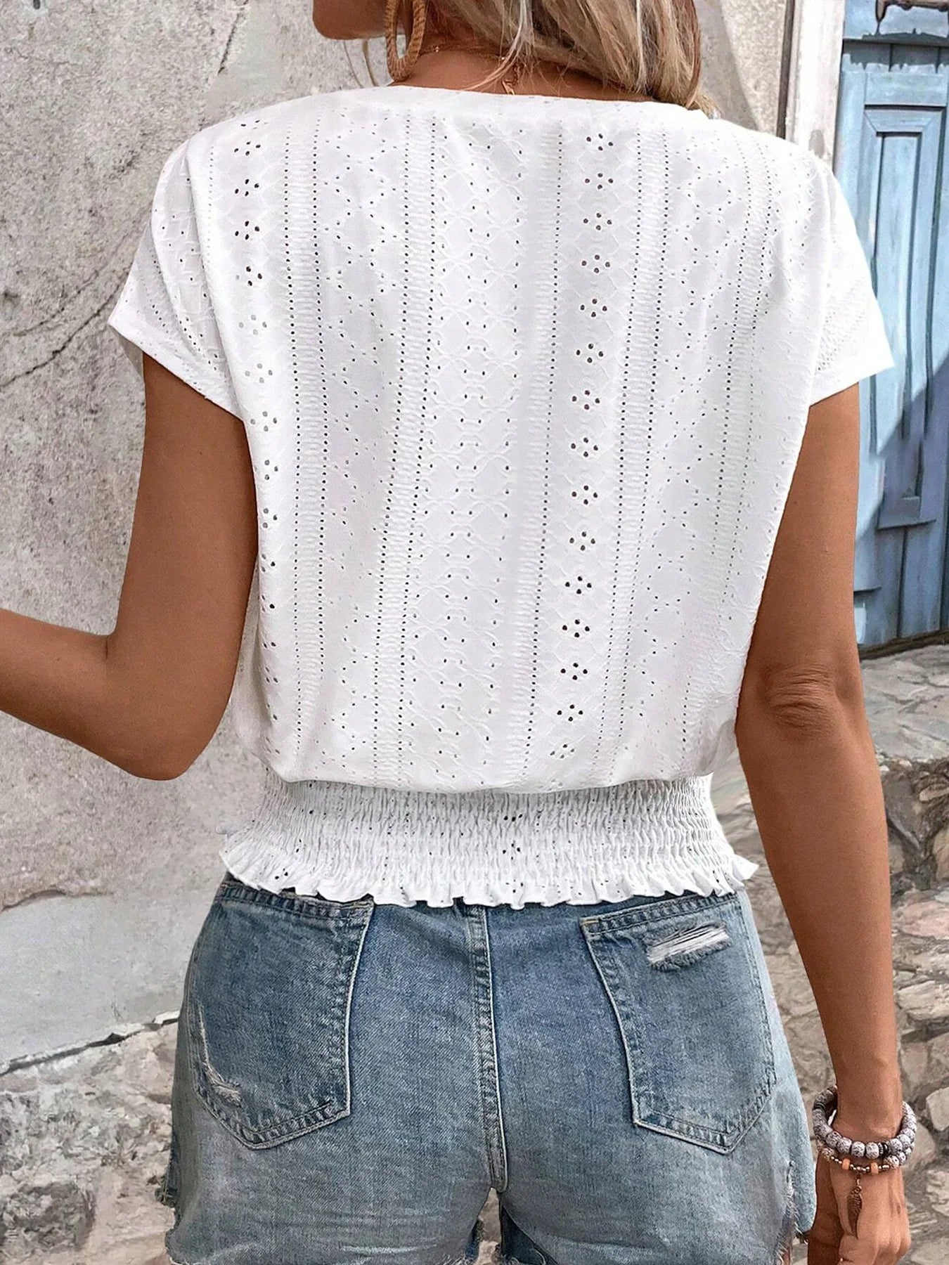 2025 Spring Summer New Fashion Blouses Solid V-Neck Jacquard Hollow-Out Smocking Short-Sleeve Shirts Fashion Casual Women's Tops