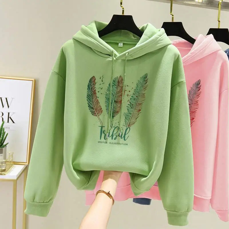 Feather Print Fleece-Lined Hoodie – 3 Colors