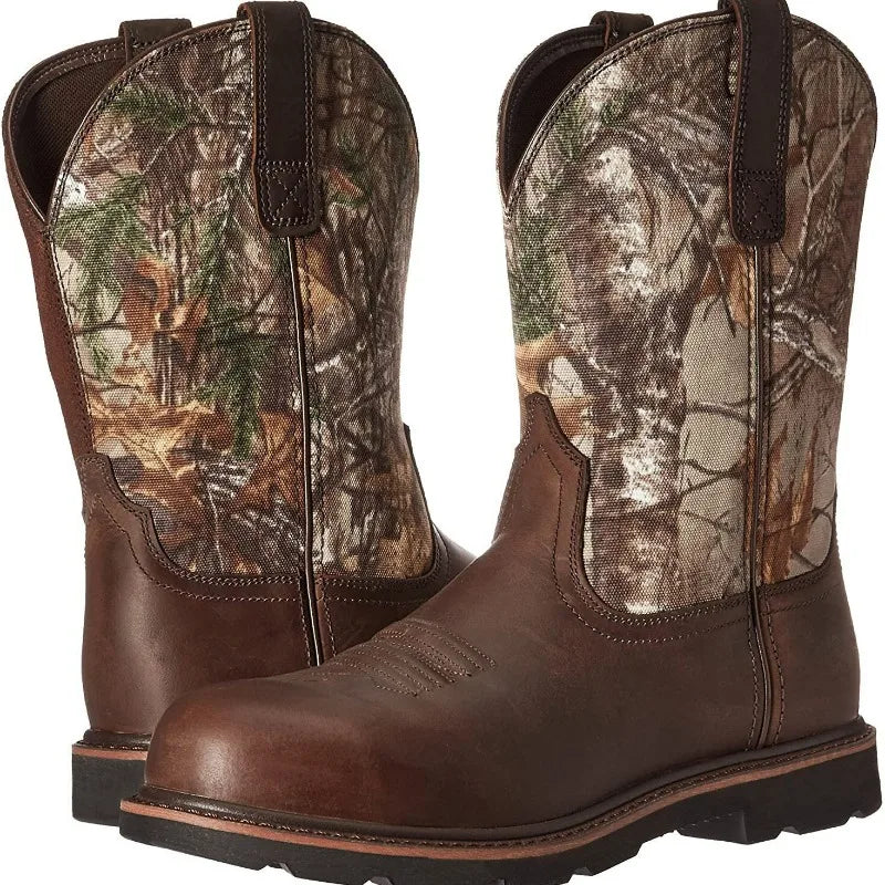 Men's Slip-On Cowboy Boots – Tree Embroidery Western Mid-Calf