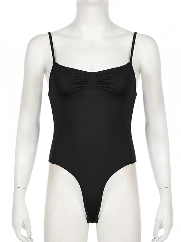 Body de mujer fruncido con cuello de pico – Camisola de tirantes finos ajustada
