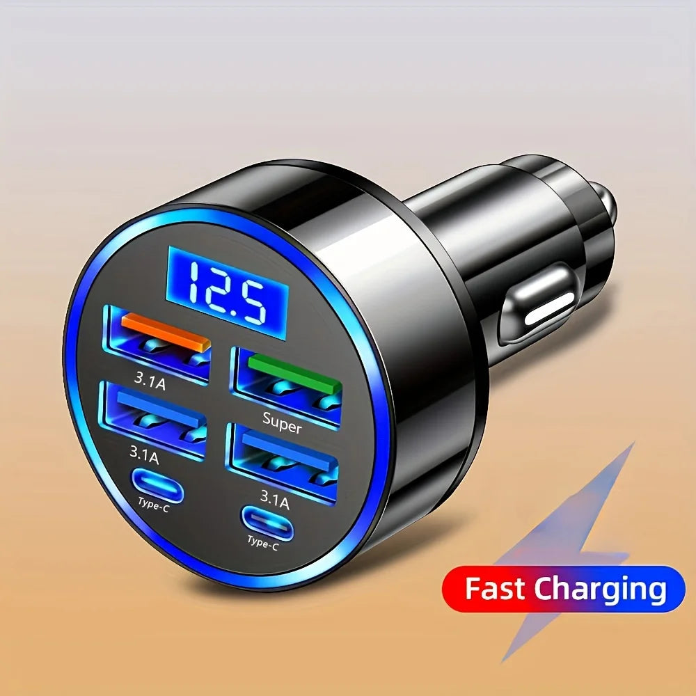 6-in-1 Fast Charging Car Adapter – 3.1A Dual USB & Type-C with Digital Display