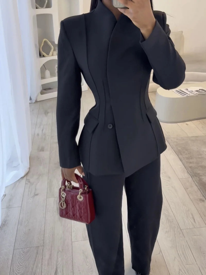 Women's High-Collar Slim Suit Jacket & Trousers Set