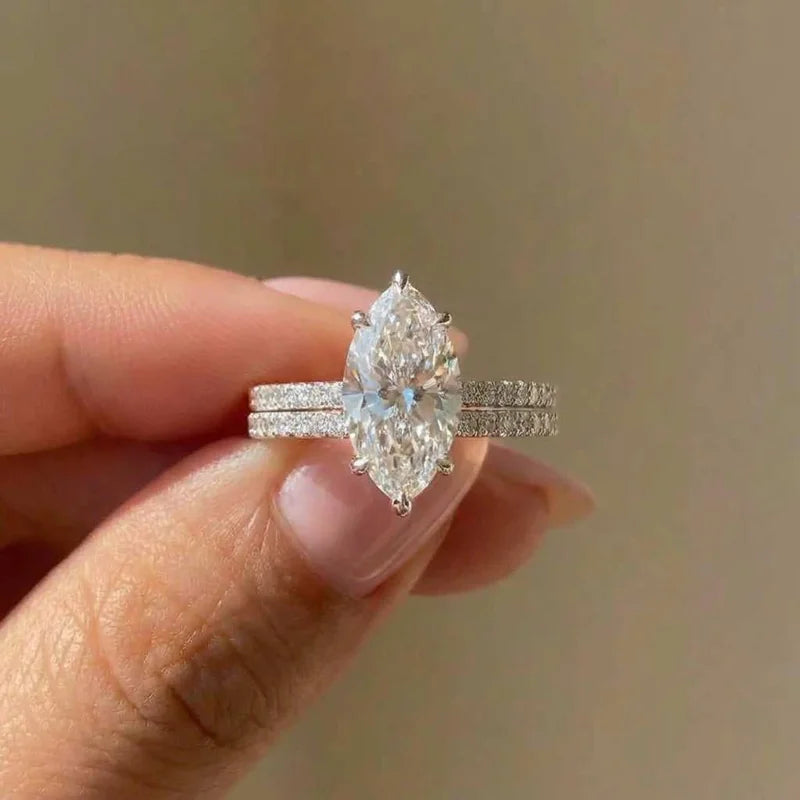 Anillo de circonita marquesa de plata de ley 925 | Joyería fina clásica | Regalo de compromiso y boda para mujer