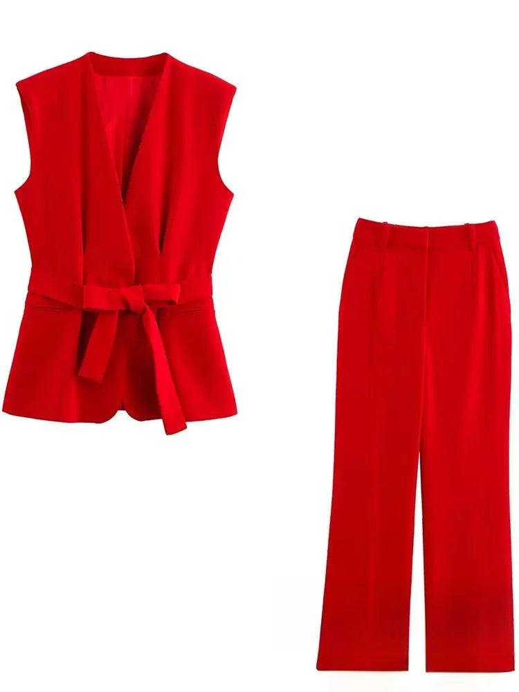 Women's Red V-Neck Vest Blazer & Wide-Leg Pants Suit Set