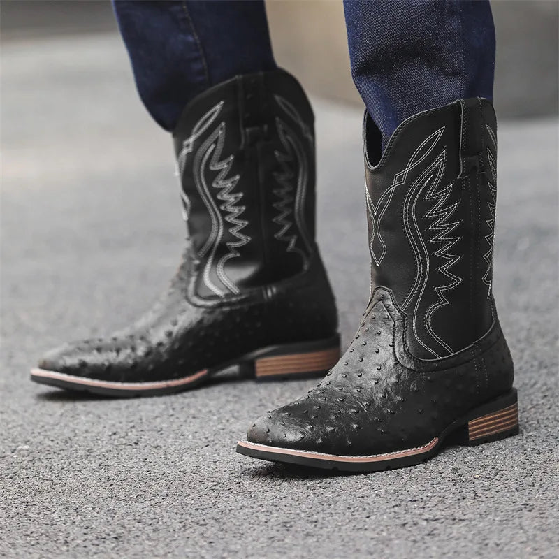Men's Retro Slip-On Cowboy Boots – Wide Square Toe Embroidery Mid-Calf