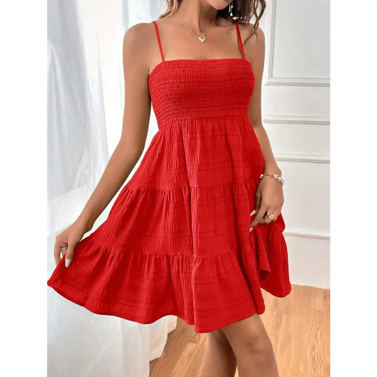 Women's Smocked Bustier Spaghetti Strap Tiered Mini Dress