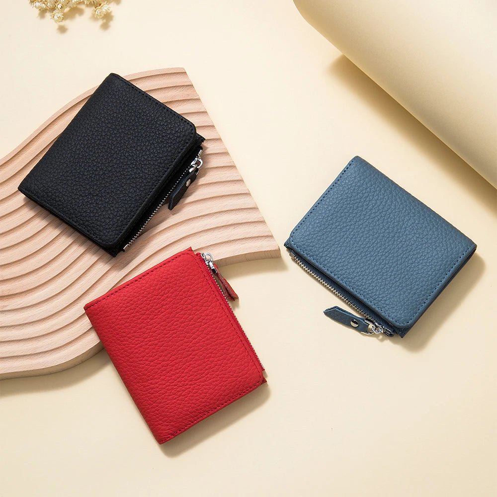 Genuine Cow Leather Short Wallet — RFID Blocking Card Holder & Coin Purse