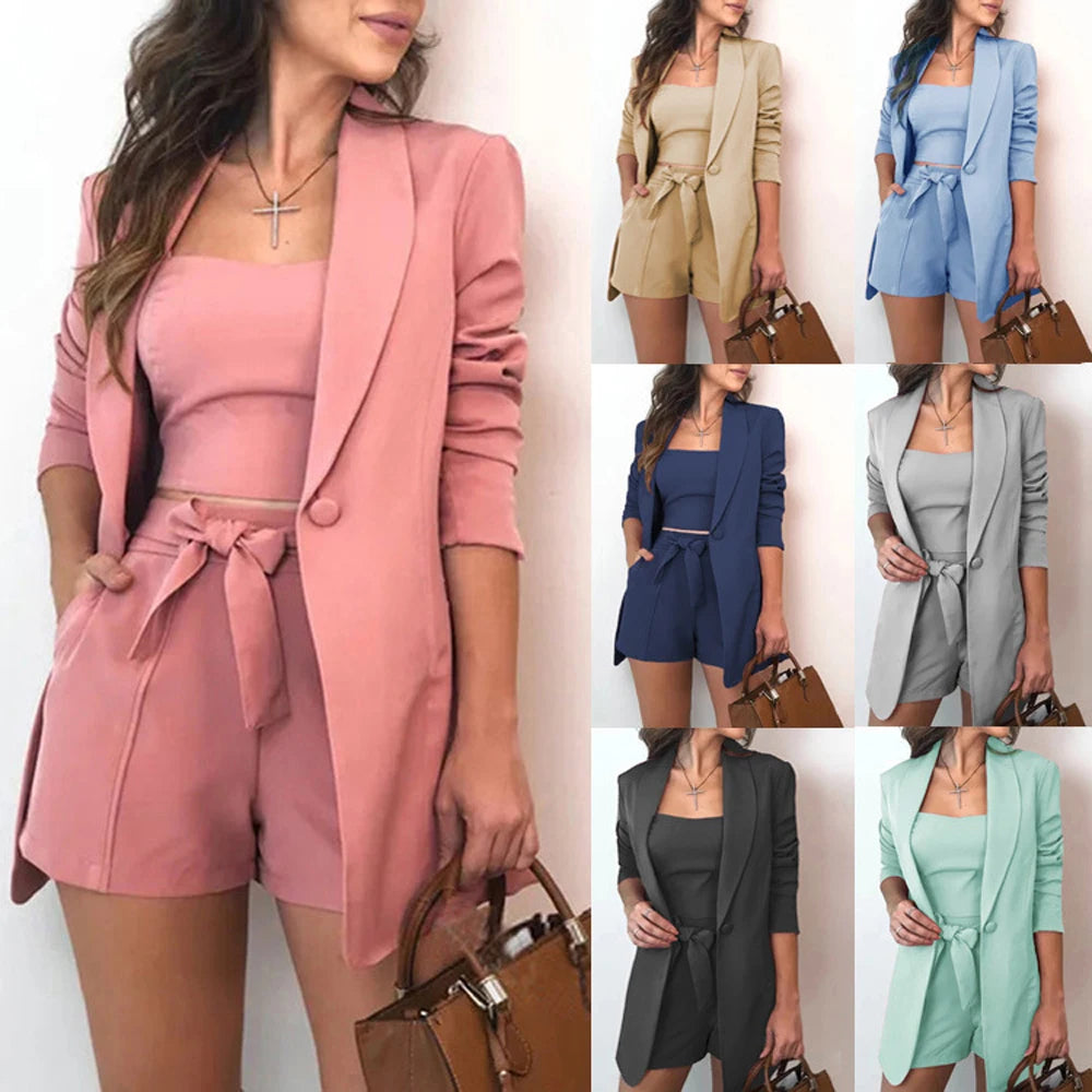 Women's 3-Piece Blazer Suit Set – Tube Top, Wide-Leg Shorts & One-Button Blazer