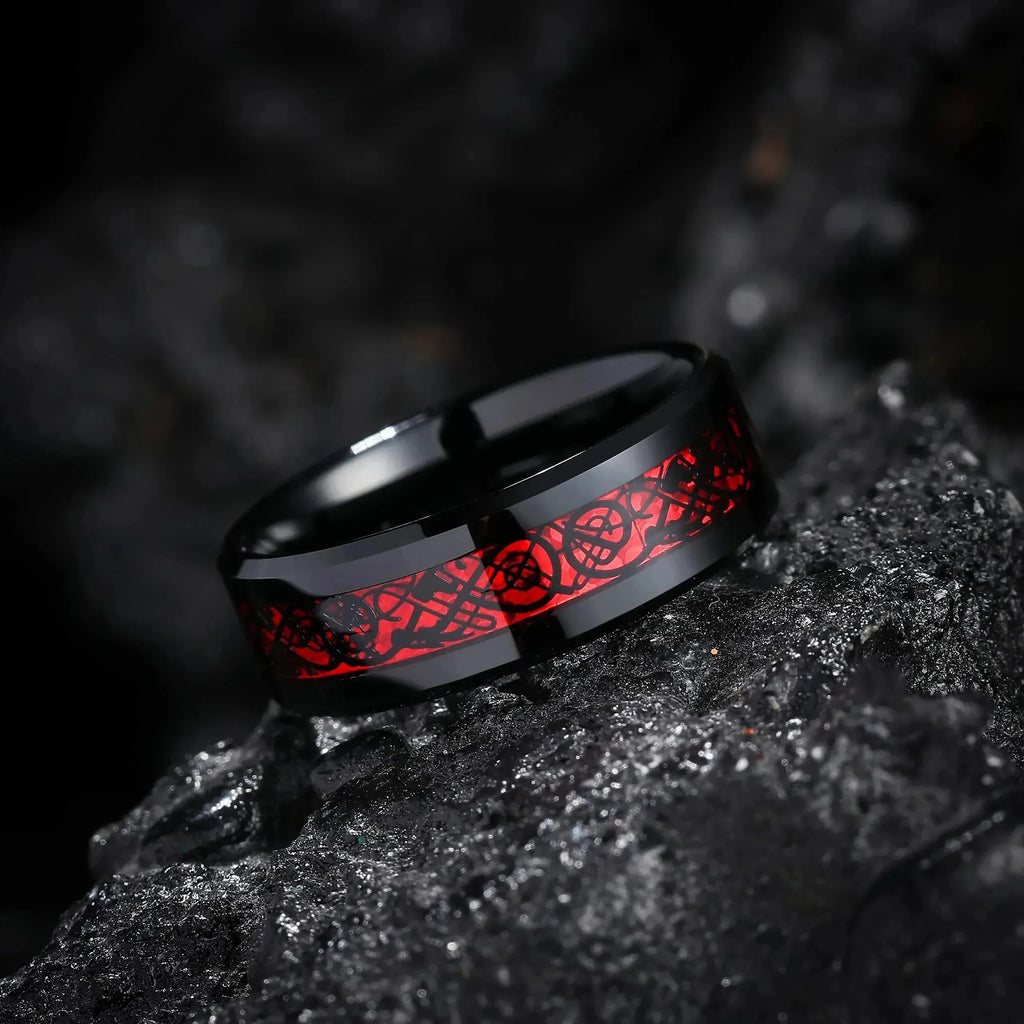 Charm Couple Rings – Red Rhinestone Women's & Celtic Dragon Men's Wedding Band Set