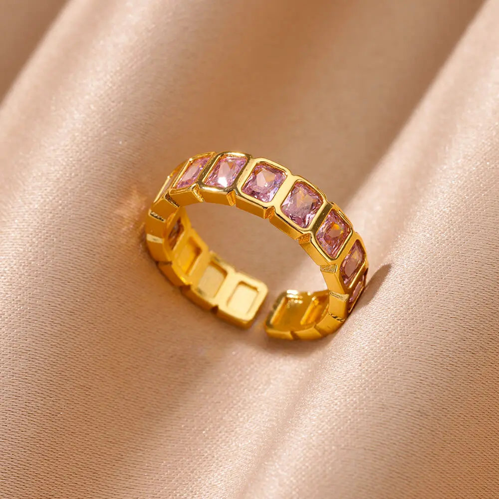 Colorful Cubic Zirconia Open Ring | 18K Gold Plated Stainless Steel | Boho Vintage Style | Women's Gift