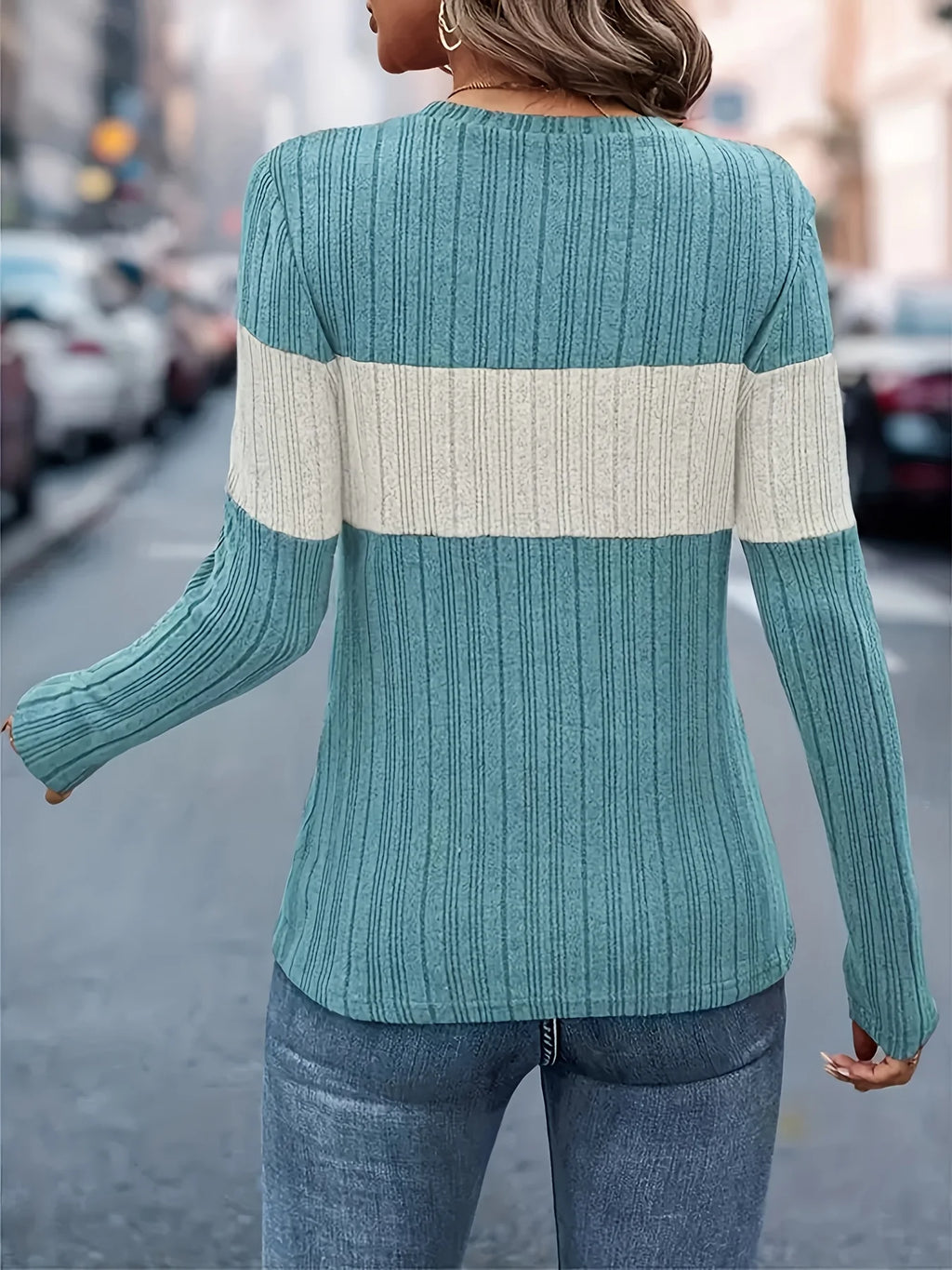Color Block Round Neck Long Sleeve Knit Top – 3 Colors