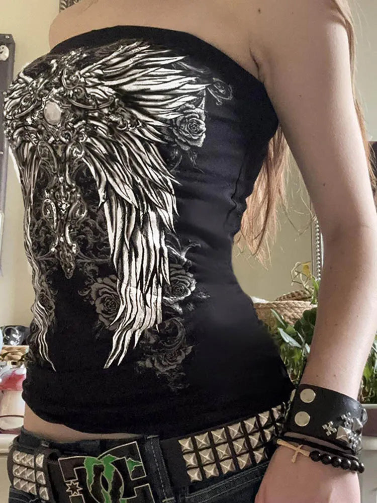 Top palabra de honor negro gótico para mujer, camiseta sin mangas, ajustada, corta, informal de verano, elegante, con estampado gráfico, estilo Y2K, chaleco básico de estilo urbano