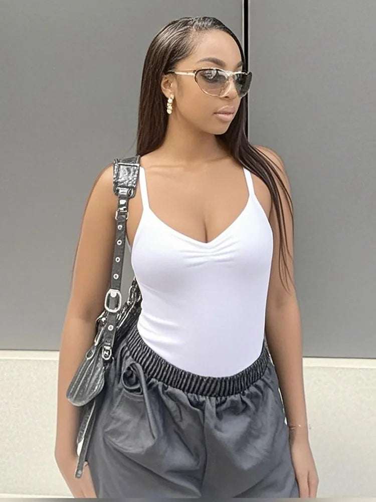 Women's Shirred V-Neck Bodysuit – Spaghetti Strap Slim Fit Camisole