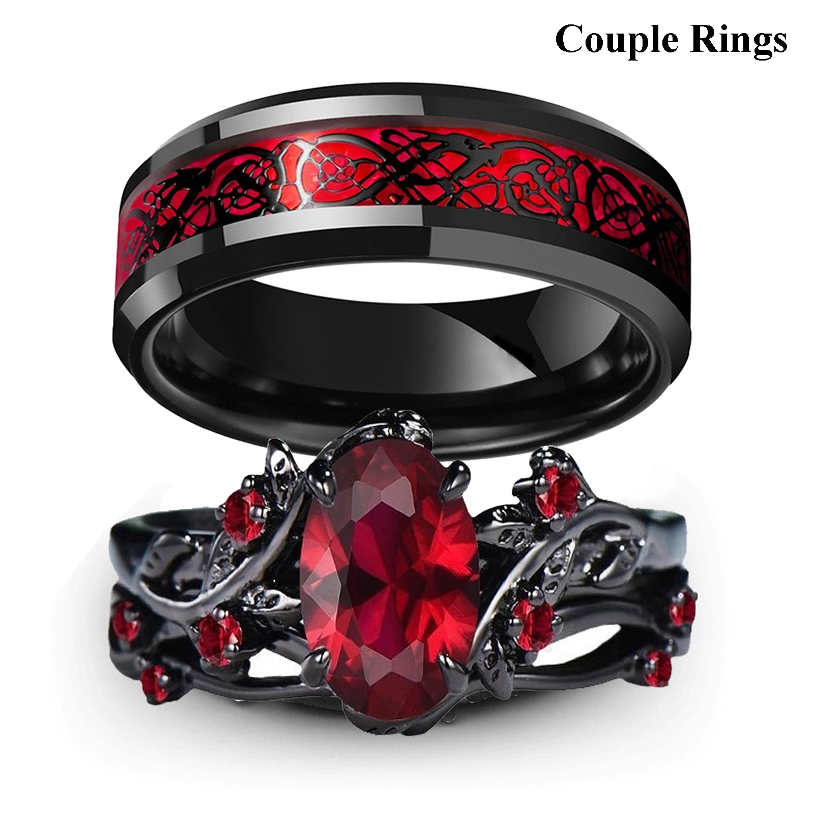 Charm Couple Rings – Red Rhinestone Women's & Celtic Dragon Men's Wedding Band Set