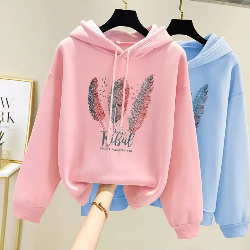 Feather Print Fleece-Lined Hoodie – 3 Colors