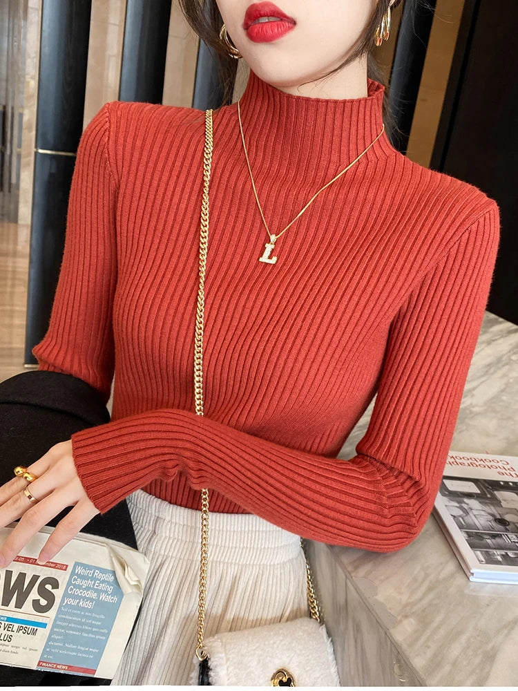 Women's Elegant Mock Neck Slim Knit Sweater | Long Sleeve Casual Pullover 9 Colors One Size
