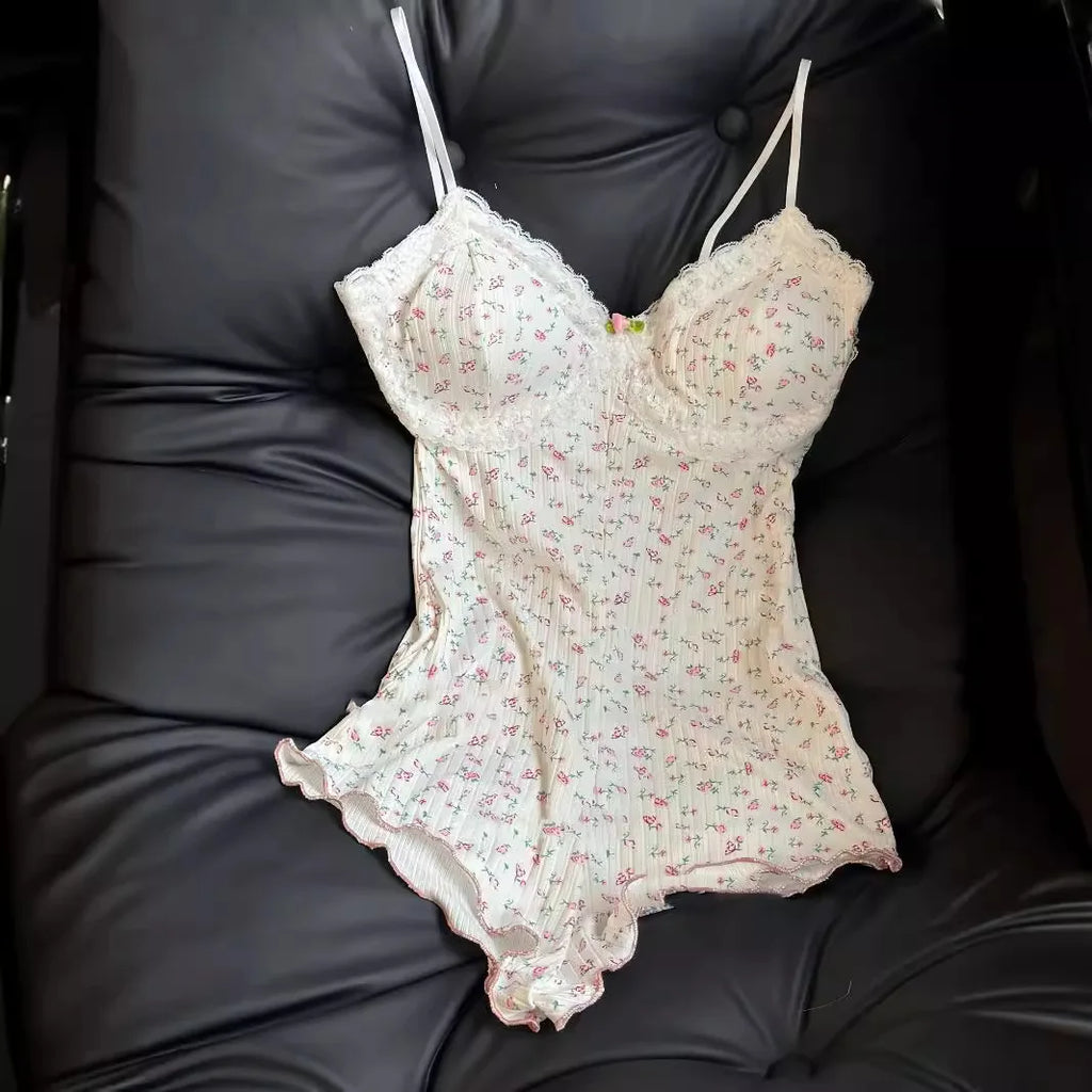 Women's Floral Print Spaghetti Strap Romper – Slim Fit Open Back Bodysuit