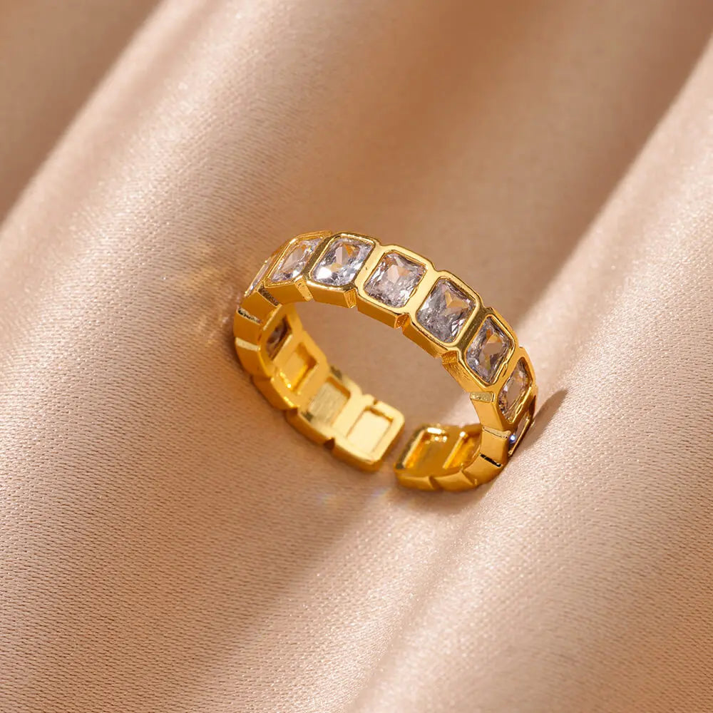 Colorful Cubic Zirconia Open Ring | 18K Gold Plated Stainless Steel | Boho Vintage Style | Women's Gift