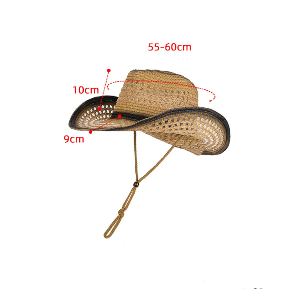 Breathable Hollow-Out Woven Denim Straw Hat with Black Trim and Contrasting Color, with Windproof Strap, Suitable for Outdoor Beach Sun Protection, Unisex, Holiday Gift