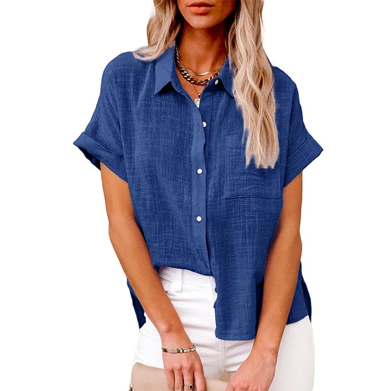 Women's Linen Pocket Blouse - Short Sleeve Loose Fit (S-5XL)