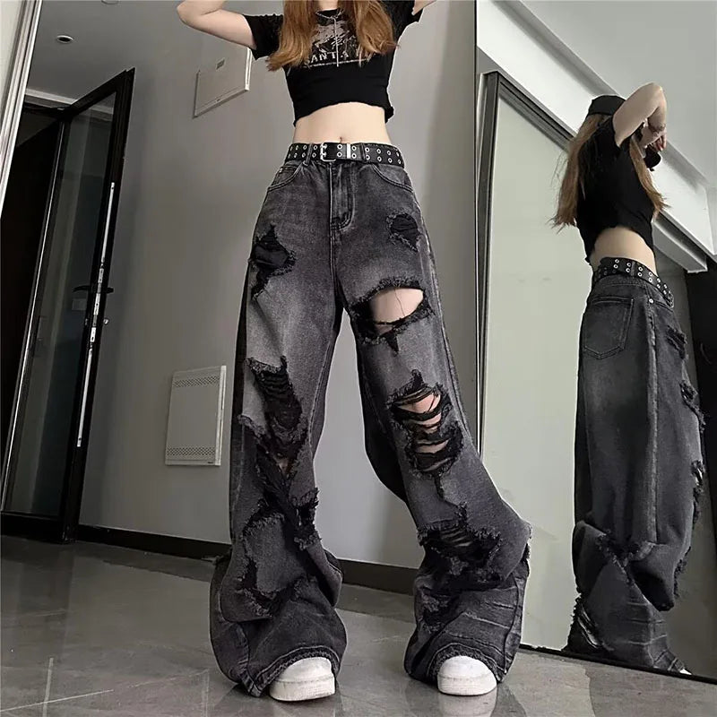 Vintage Black Ripped Wide-Leg Jeans