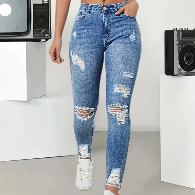 High-Waist Ripped Stretch Skinny Jeans