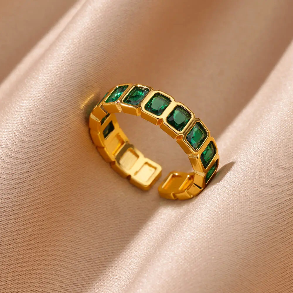 Colorful Cubic Zirconia Open Ring | 18K Gold Plated Stainless Steel | Boho Vintage Style | Women's Gift
