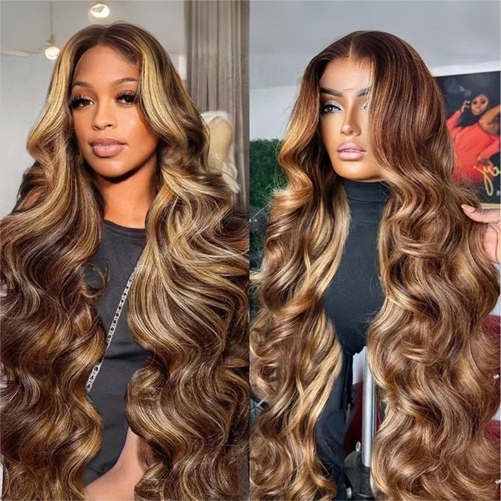 Honey Blonde Highlight Body Wave Lace Front Wig — Brazilian Remy Human Hair