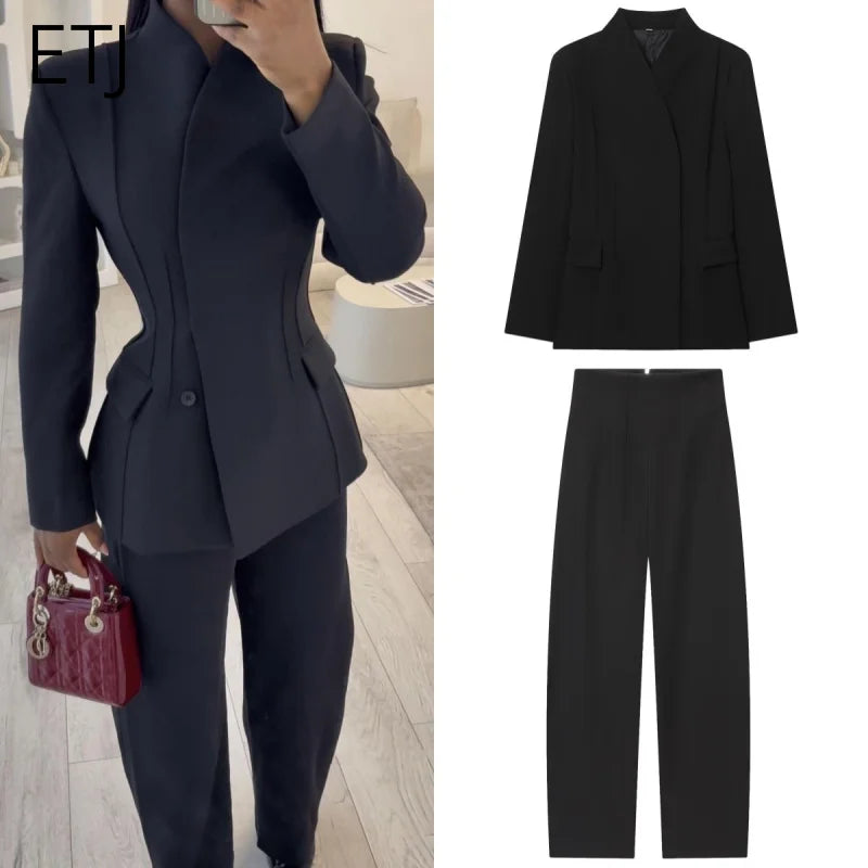 Women's High-Collar Slim Suit Jacket & Trousers Set