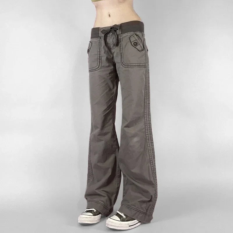 Pantalones retro de cordones de tiro bajo, estilo urbano, patchwork, holgados e informales para mujer, pantalones rectos Harajuku de moda coreana