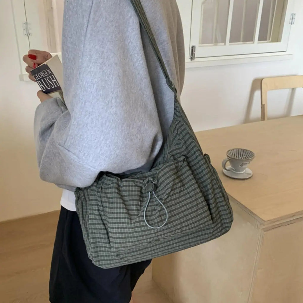 Korean Style Plaid Casual Shoulder Bag, Lightweight Checkered Crossbody Bag with Adjustable Strap, Cotton Quilted Fabric Handbag